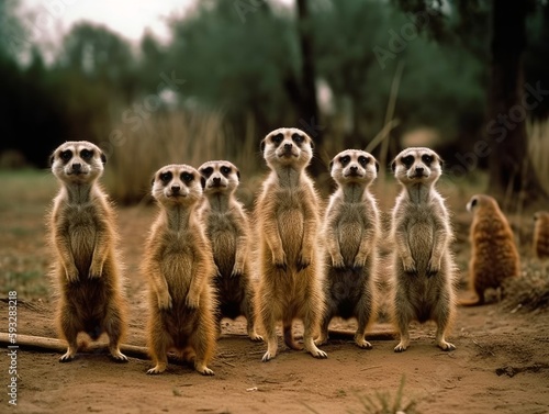 A group of meerkats standing upright, looking alert