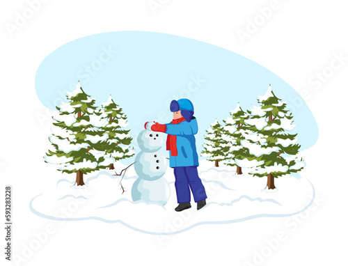 Smiling little boy building snowman on winter holidays. Kid playing outdoors in snowy park. Cute little child having fun in wintertime. Vacation of childhood in cartoon style. Flat vector illustration