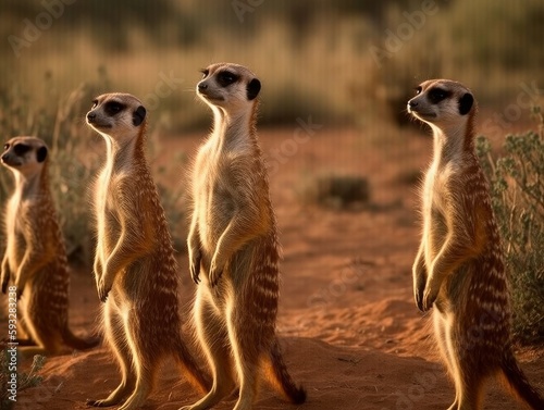 A group of meerkats standing upright, looking alert