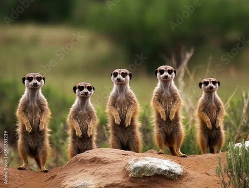 Fotografia A group of meerkats standing upright, looking alert