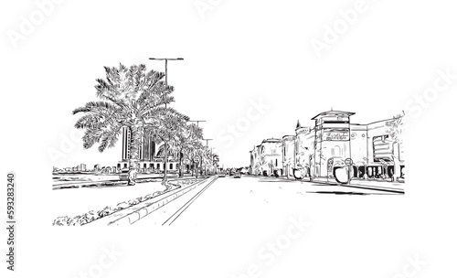 Building view with landmark of Ras Al Khaimah is the city in United Arab Emirates. Hand drawn sketch  illustration in vector.