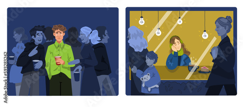 Set of lonely people. Characters with psychological problems suffer from lack of friends and communication. Sad or upset man and woman feel lonely in crowd. Cartoon flat vector illustration collection