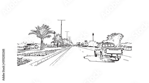 Building view with landmark of Ras Al Khaimah is the city in United Arab Emirates. Hand drawn sketch  illustration in vector.