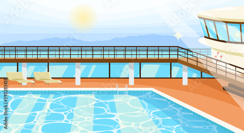 Cruise ship luxury resort with pool. Wooden boat deck with poolside and chaise lounges. Blue and clear water in the swimming pool. Seascape on background. Voyage trip poster. Flat vector illustration