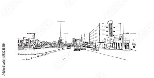 Building view with landmark of Ras Al Khaimah is the city in United Arab Emirates. Hand drawn sketch  illustration in vector.