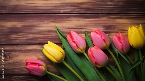 Tulpen auf einem Holztisch, Vorlage, generative AI