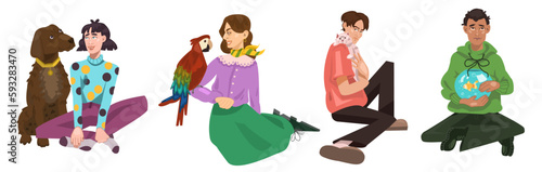 Happy diverse people with dog, cat, parrot, gold fish and show love and care. Young men and women with domestic pets. Saving animal from shelter. Human and puppy friendship. Flat vector illustration
