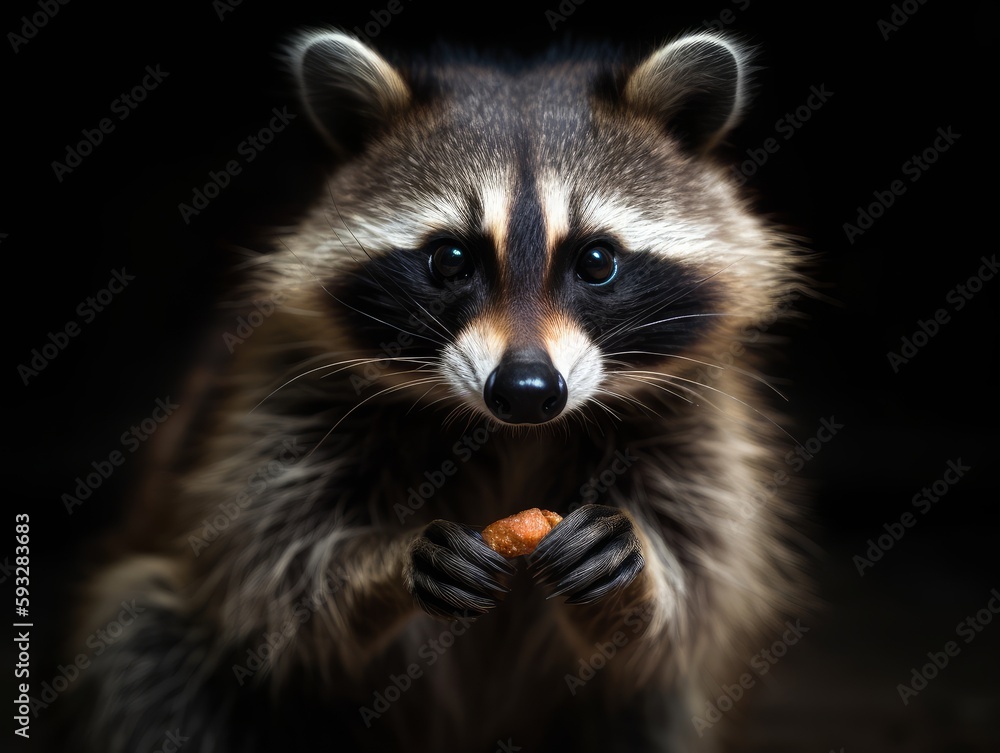 A curious and cunning raccoon caught in the act of stealing a snack