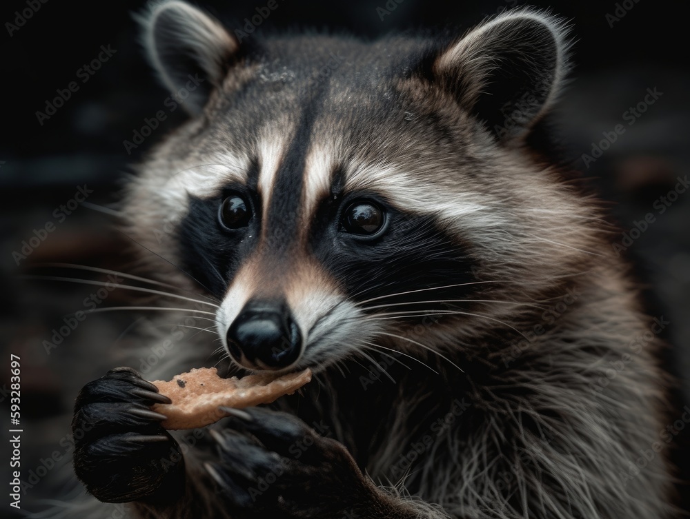 A curious and cunning raccoon caught in the act of stealing a snack