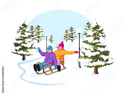 Smiling kids sledding from small hill on winter holidays. Children walking outdoors in snowy park. Cute boy and girl having fun in wintertime. Childhood pastime in cartoon style. Vector illustration