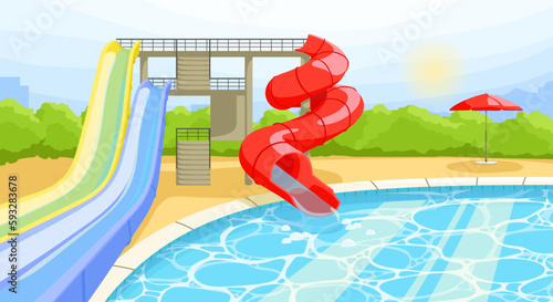 Hotel area with water park slides tube and pool. Empty poolside with umbrella. Outdoor activity in blue water swimming pool. Landscape on background. Luxury holidays poster. Flat vector illustration