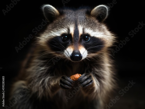 A curious and cunning raccoon caught in the act of stealing a snack