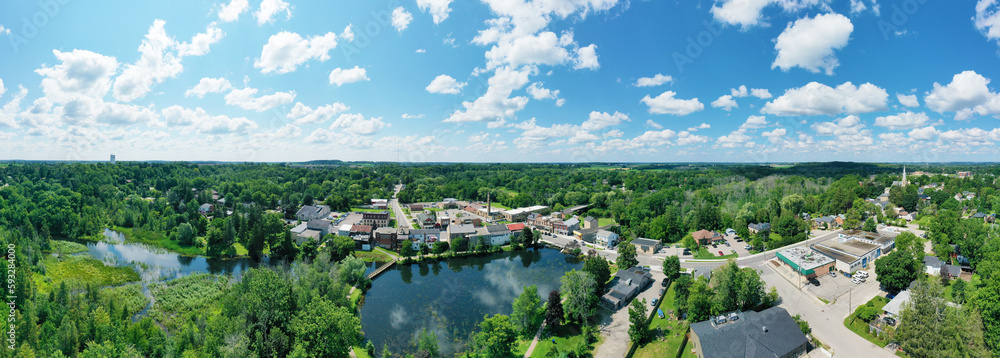 Aerial panorama of Ayr, Ontario, Canada in early spring