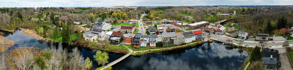 Naklejka premium Aerial panorama view of Ayr, Ontario, Canada in early spring