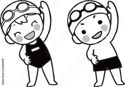 水着で準備体操をする女の子と男の子のイラスト　モノクロ