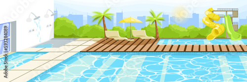 Hotel area with water park and pool. Empty poolside with sunbeds and umbrella. Outdoor villa with blue water in swimming pool. Landscape on background. Luxury holidays poster. Flat vector illustration