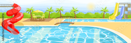 Hotel area with water park and pool. Empty poolside with sunbeds and umbrella. Outdoor villa with blue water in swimming pool. Landscape on background. Luxury holidays poster. Flat vector illustration