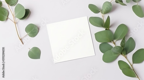 White card mockup with green leaves. Illustration AI Generative.