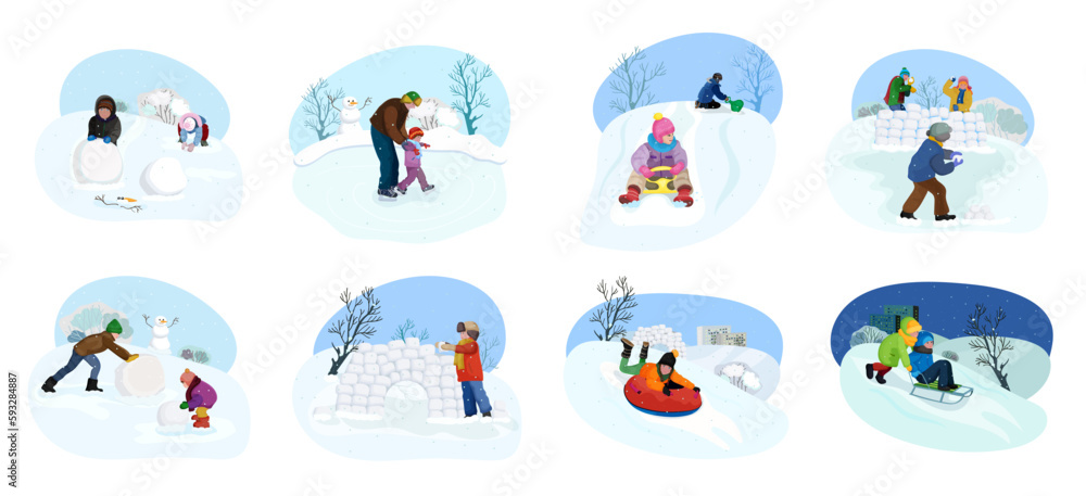 Fototapeta premium Children active at snowy park in winter holidays. Kids playing snowballs. Child wearing warm jacket and sliding from slope on sled and tubing. Little boy made snow castle fortress. Vector illustration