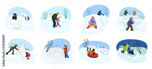 Children active at snowy park in winter holidays. Kids playing snowballs. Child wearing warm jacket and sliding from slope on sled and tubing. Little boy made snow castle fortress. Vector illustration