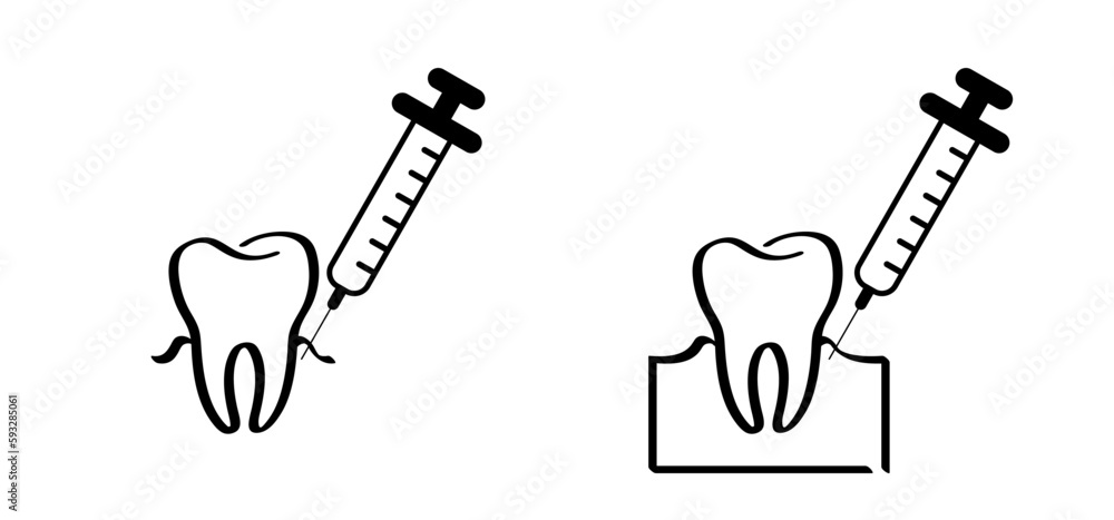 Obraz premium Anaesthetic injection icon. Cartoon healthy, tooth with gums. Vector and medical spring. Damage teeth or tooth with caries. Cracked tooth, mouth and dental, damaged. Dental injection.