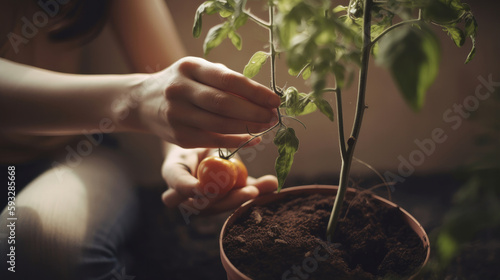 Woman planting tomato. Illustration AI Generative.
