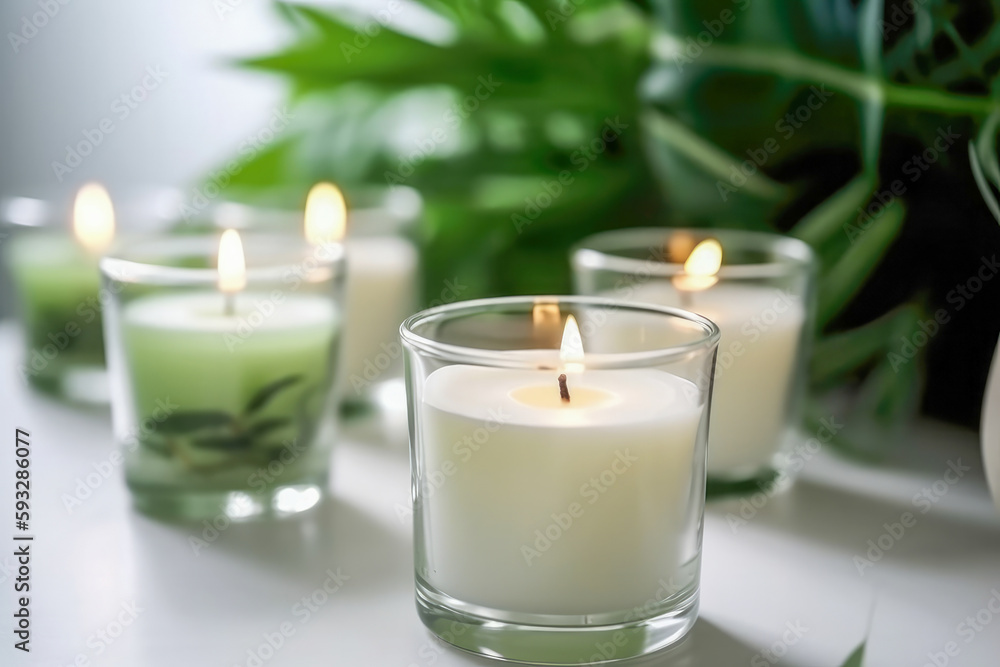 Burning candles in glass on a white surface with a green plant in the background, scented aromatic candle. High quality generative ai Burning candles in glass on a white surface with a green plant in the background, scented aromatic candle. High quality generative ai
