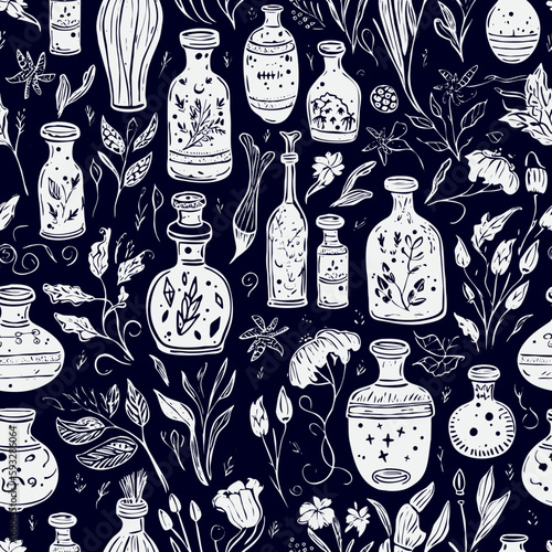 An esoteric themed seamless pattern featuring potions