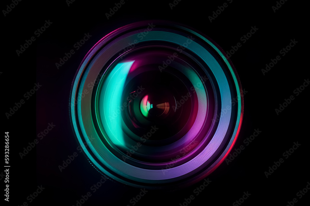 Red and green light on the camera lens, dark violet, and turquoise. Generative AI. Red and green light on the camera lens, dark violet, and turquoise. Generative AI.