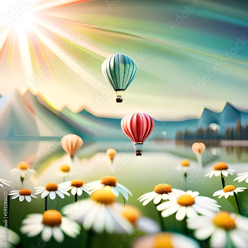 Tiny hot air balloons flying over a daisy field with sunlight 