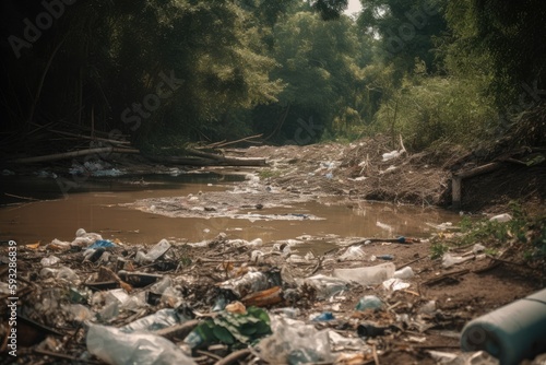 AI Generated Illustration of a river polluted with trash and plastic bottles