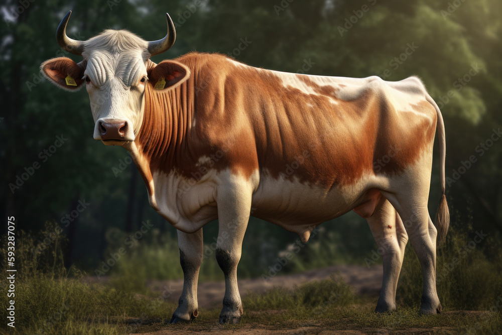 A beautiful and earthy photo of a brown and white cow standing on a grassy field with hills and trees in the background. AI Generative.