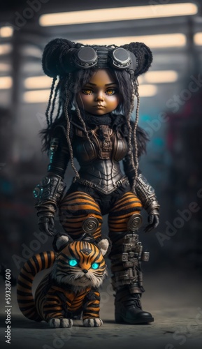 Cyberpunk doll girl with blue hair in cyberpunk style with a pet  a modern toy for fashionable children. Created with AI.