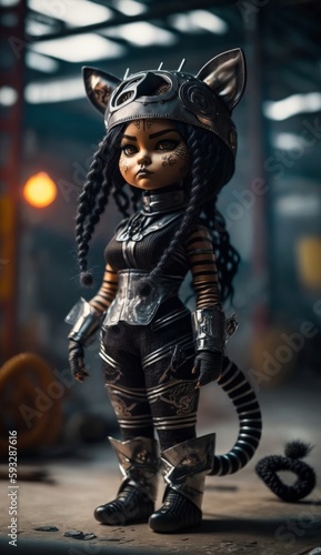 Cyberpunk doll girl with blue hair in cyberpunk style with a pet, a modern toy for fashionable children. Created with AI. © Ренат Хисматулин