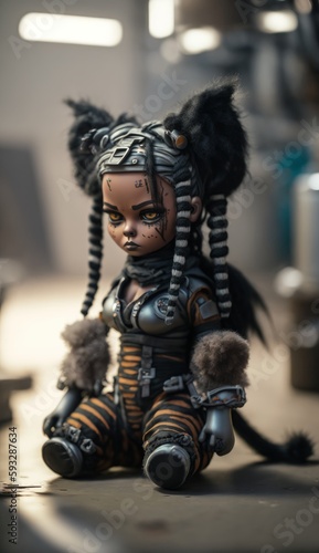 Cyberpunk doll girl with blue hair in cyberpunk style with a pet, a modern toy for fashionable children. Created with AI.