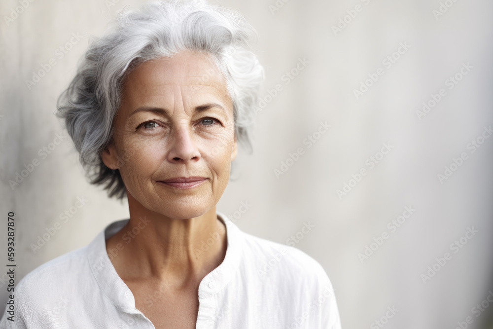 Older woman with short hair posing in front of a wall. Generative AI. Older woman with short hair posing in front of a wall. Generative AI.