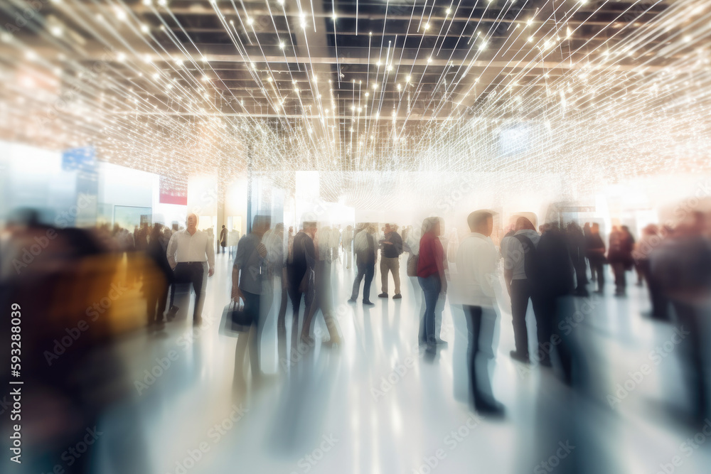 Background of an expo or convention with blurred individuals in an exposition hall. Concept image for a international exhibition, conference center, corporate marketing, or event fair. Generative ai - obrazy, fototapety, plakaty 