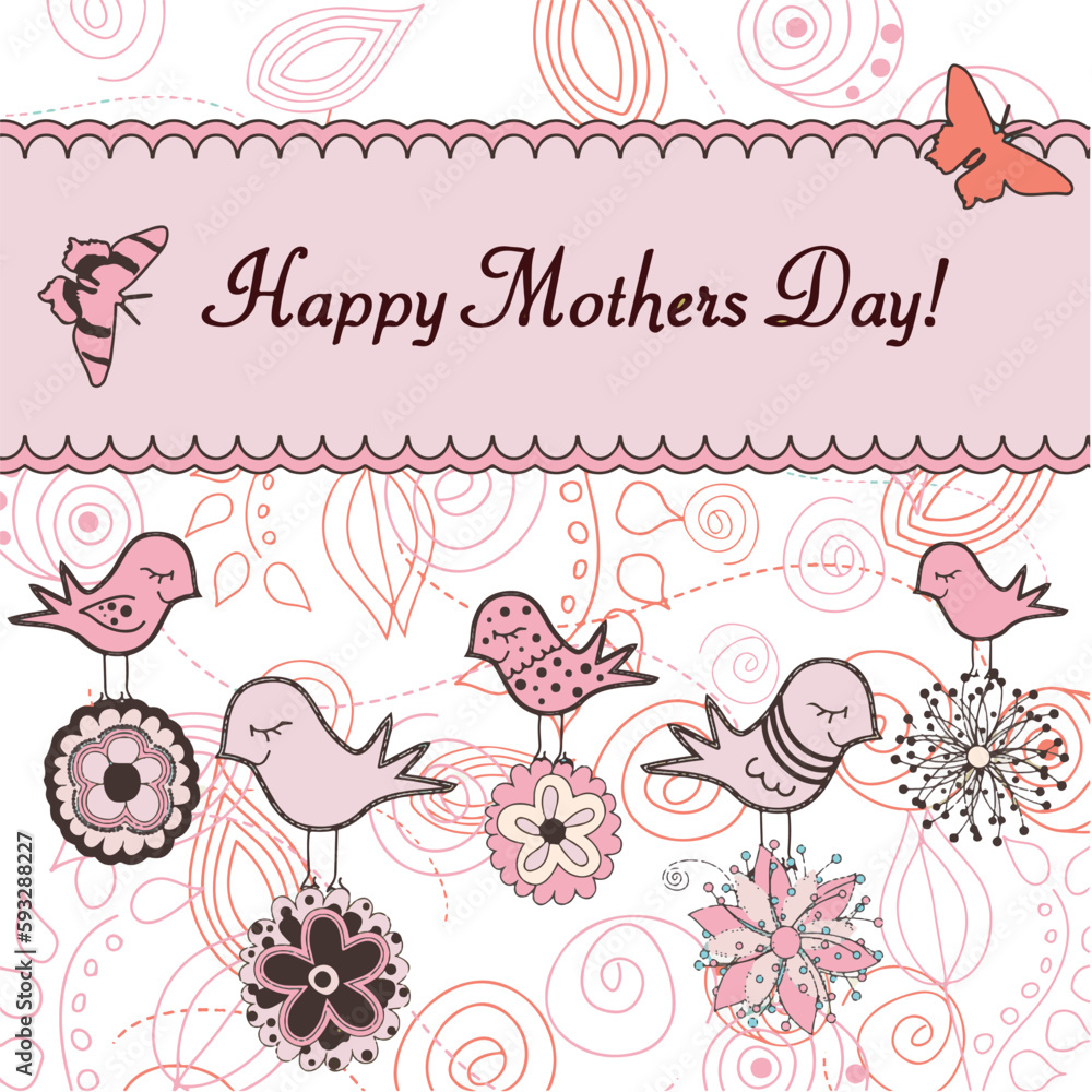 Design for Mother's Day. Mother's Day Greeting Card with Birds Butterflies and Decorations