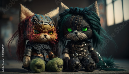 Cyber knitted cats with long hair, modern toys for fashionable children. Created with AI.