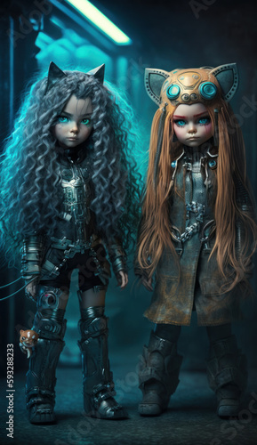 Cyberpunk doll girl with blue hair in cyberpunk style with a pet, a modern toy for fashionable children. Created with AI.