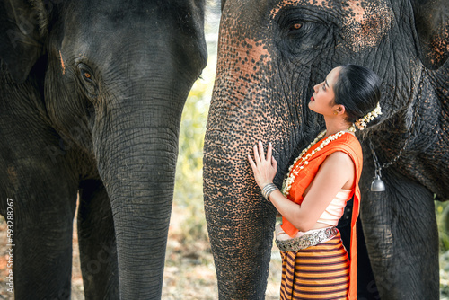 Photography Thai lady beautiful dressing traditional northern style with elephants depict re