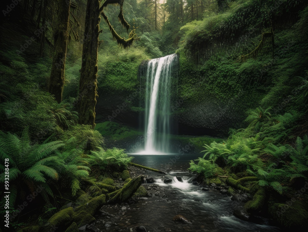 Obraz premium A lush green forest with a stunning waterfall as the centerpiece