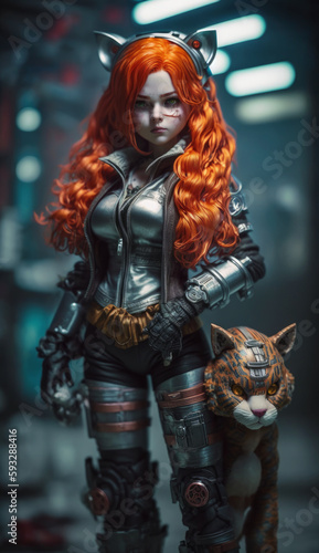 Cyber doll girl with red hair in a cosplay outfit with cyberpunk style ears with a pet, a modern toy for fashionable children. Created with AI.