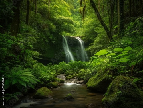 A lush green forest with a stunning waterfall as the centerpiece