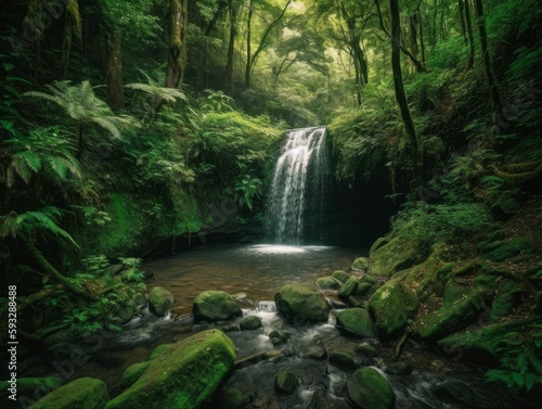 A lush green forest with a stunning waterfall as the centerpiece