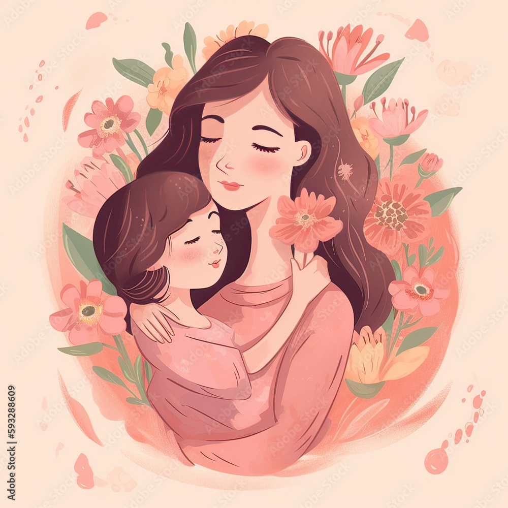 Happy Mother's Day: Illustration of a Loving Mother and Daughter Spending Quality Time Together on a Holiday