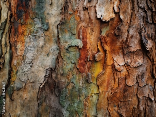 A close-up image of tree bark with earthy textures and colors