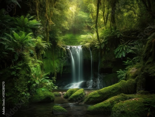 A lush green forest with a stunning waterfall as the centerpiece