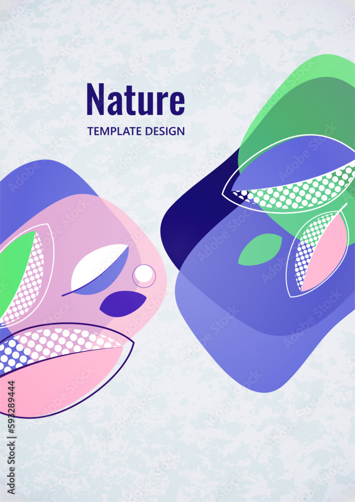 Naklejka premium Abstract background with leaves and geometric shapes. Eco banner in flat style. Modern design for paper, cover, fabric, interior decor and other users. Vector