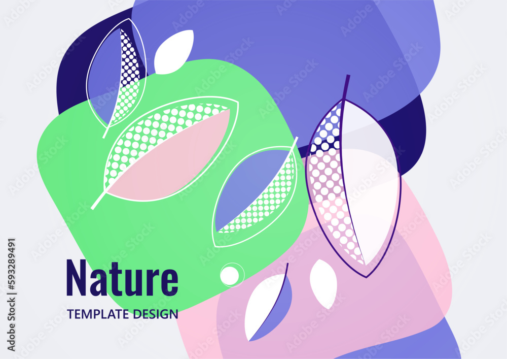 Fototapeta premium Abstract background with leaves and geometric shapes. Eco banner in flat style. Modern design for paper, cover, fabric, interior decor and other users. Vector